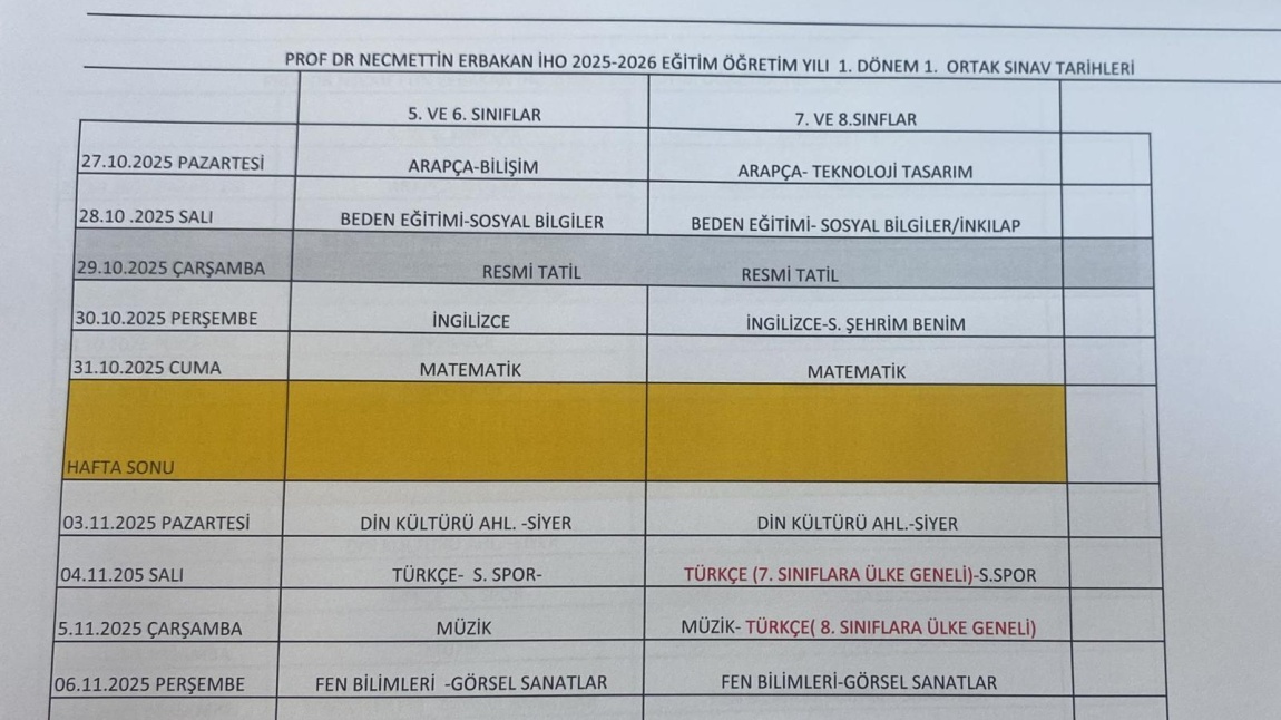 2025-2026 Eğitim-Öğretim Yılı 1. Dönem 1. Ortak Yazılı Sınav Takvimimiz